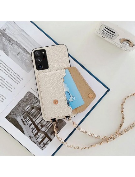 Samsung - Galaxy Note 20 Zebana Boyun Askılı Deri Kılıf - Krem Rengi